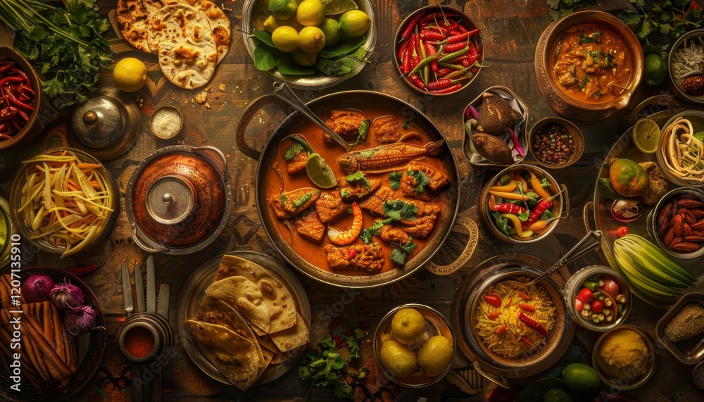 Fototapeta premium A vibrant and colorful spread of Indian food, featuring a variety of curries, vegetables, rice, and breads.