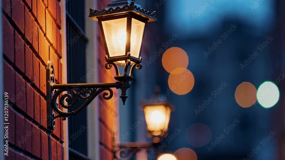 Illuminated vintage street lamps on brick wall at dusk, urban ambiance concept
