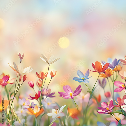 Rainbow Field: A breathtaking panorama of a vibrant field bursting with colorful wildflowers, bathed in the warm glow of a setting sun, evoking feelings of joy, wonder, and the beauty of nature. 