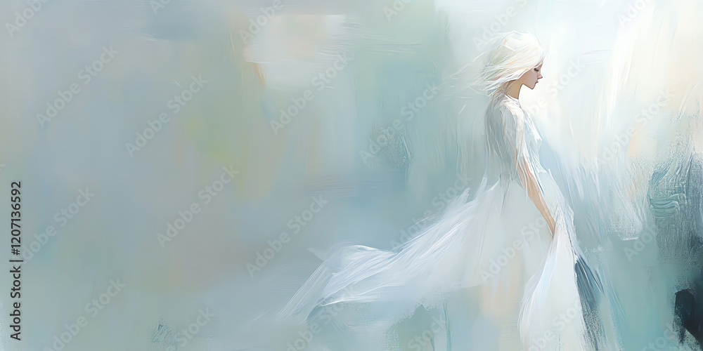 white-haired woman in a flowing white dress blends into an ethereal background, evoking feelings of peace and introspection. white-haired woman in a flowing white dress blends into an ethereal background, evoking feelings of peace and introspection.