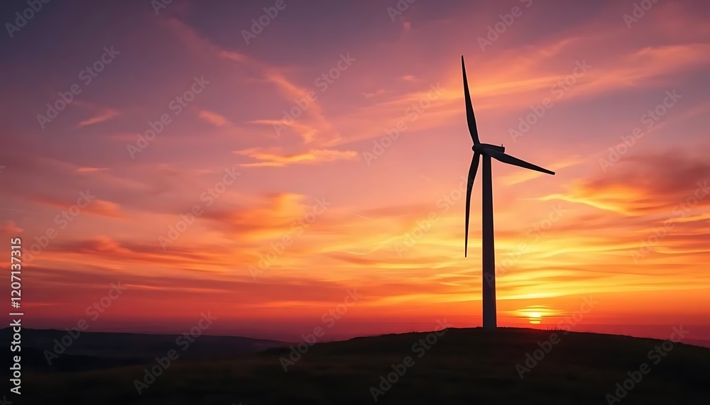 Obraz premium Wind Turbine Silhouette at Sunset Landscape Photo