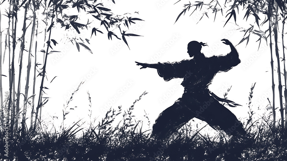 Male martial arts kung fu man standing posing, Drawn by brush strokes and ink. in groves of bamboo Male martial arts kung fu man standing posing, Drawn by brush strokes and ink. in groves of bamboo