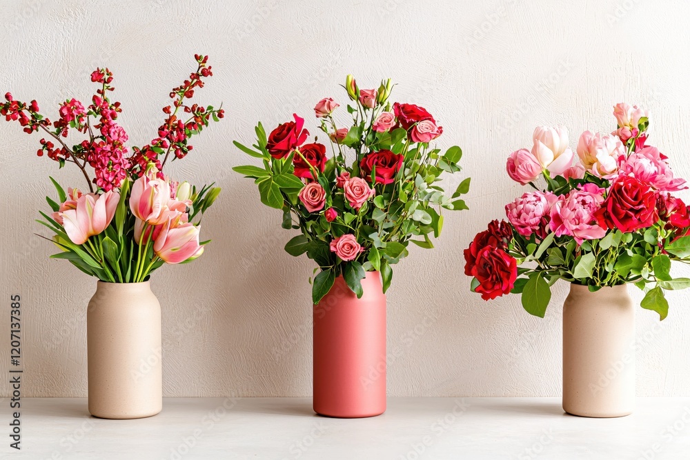 Fototapeta premium Three vases with beautiful flower arrangements on a white surface against a textured background