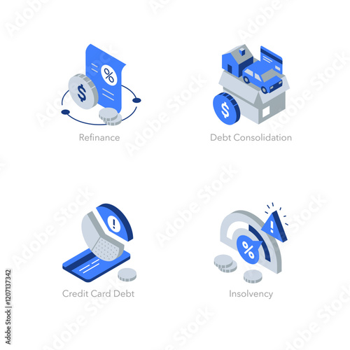 Simple set of isometric flat icons for finance 6. Contains such symbols as Refinance, Debt Consolidation, Credit Card Debt and Insolvency.