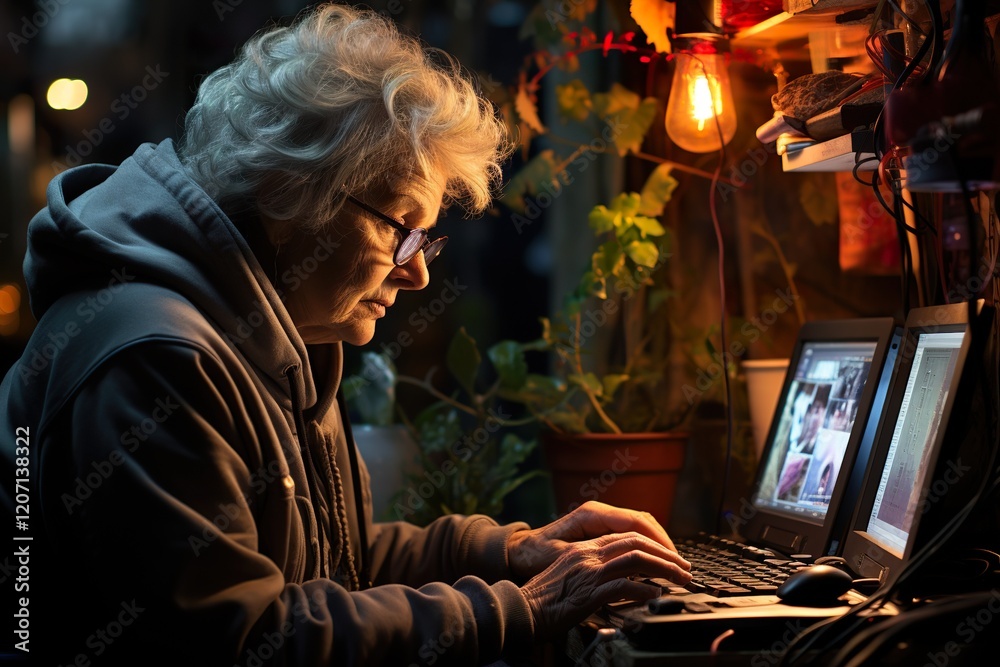 Fototapeta premium Senior woman working on a laptop at night in a cozy workspace