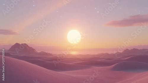 A surreal desert landscape at sunset, where vibrant dunes ripple in shades of neon pink and orange, blending seamlessly into a glowing, star-filled sky. The horizon is illuminated by a radiant 