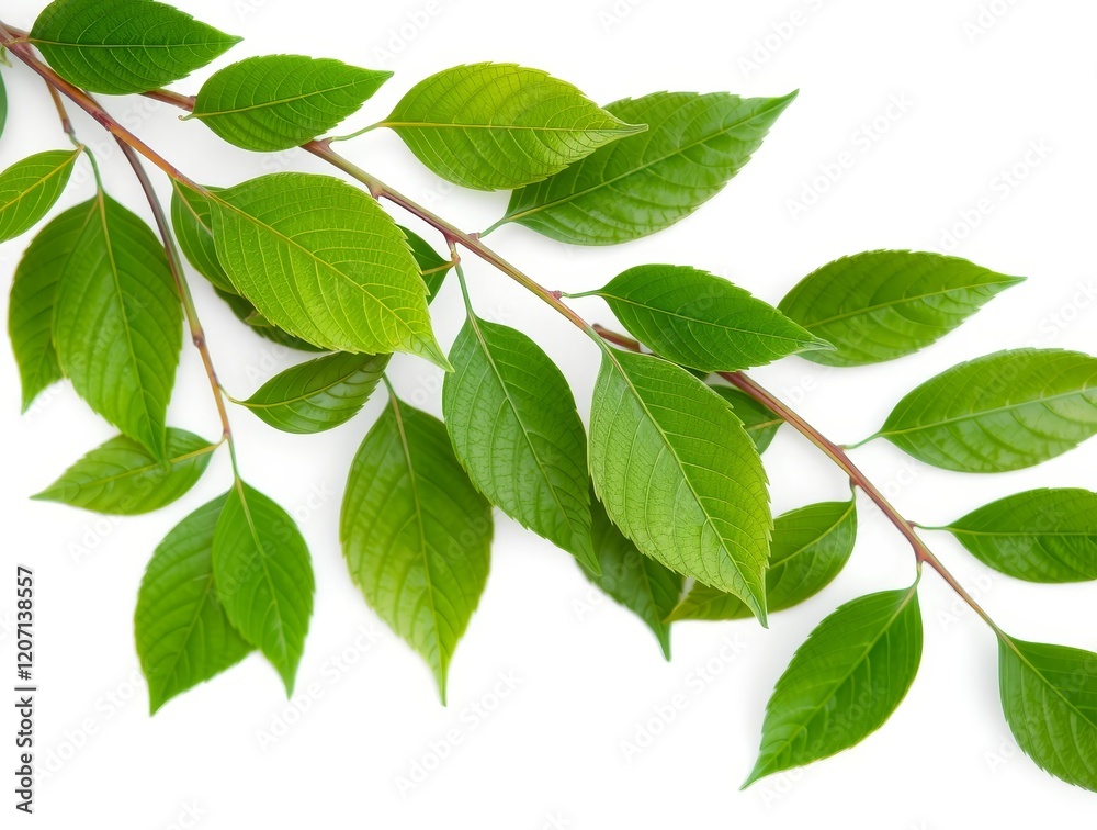 Branch with fresh green leaves isolated on white background. Detailed botanical composition with natural foliage pattern Branch with fresh green leaves isolated on white background. Detailed botanical composition with natural foliage pattern