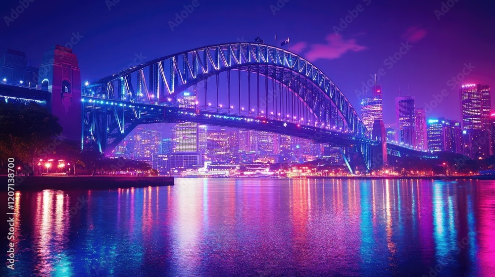 A stunning night view of a well-lit bridge arching over a river, with reflections shimmering on the water and city lights creating a vibrant scene. A stunning night view of a well-lit bridge arching over a river, with reflections shimmering on the water and city lights creating a vibrant scene.