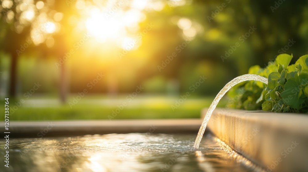 Serene park scene featuring a tranquil water fountain illuminated by warm sunlight creates a peaceful reflection on surface, perfect for relaxation and background World Water Day concept. Serene park scene featuring a tranquil water fountain illuminated by warm sunlight creates a peaceful reflection on surface, perfect for relaxation and background World Water Day concept.