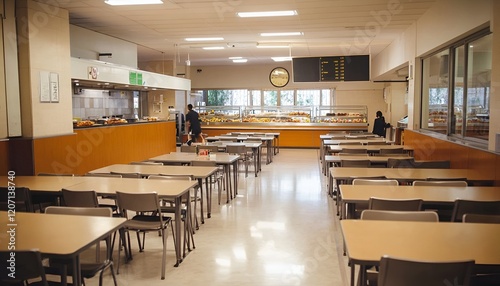 A school cafeteria with neatly arranged tables, chairs, and a food counter in the background