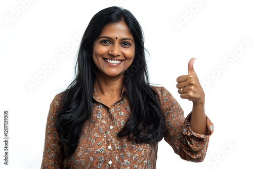 an indian woman smiling and showing a thumbs-up gesture
