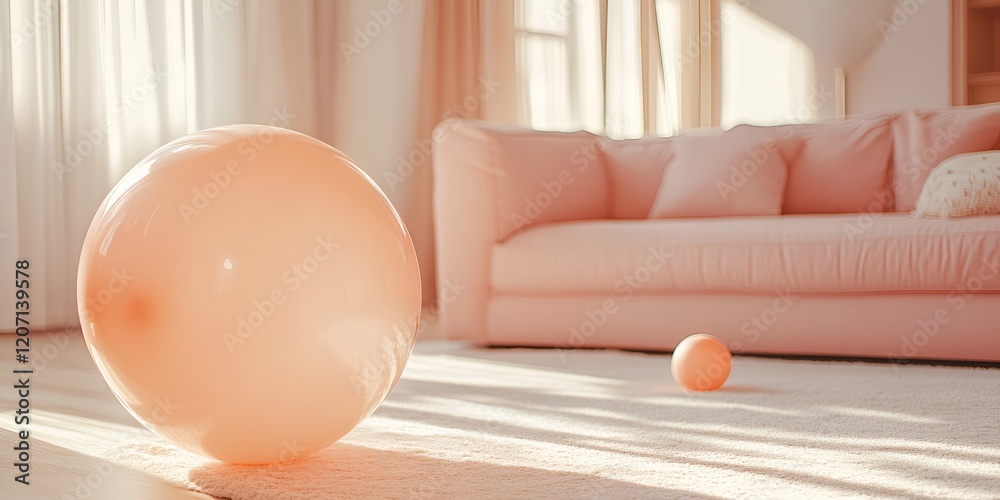 Fototapeta premium A photograph of a large peach-colored balloon in the living room, with a light pink sofa and white carpet. There is also a small round ball on the floor.