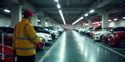 Attentive attendant guides cars into parking lot , signal, summer job