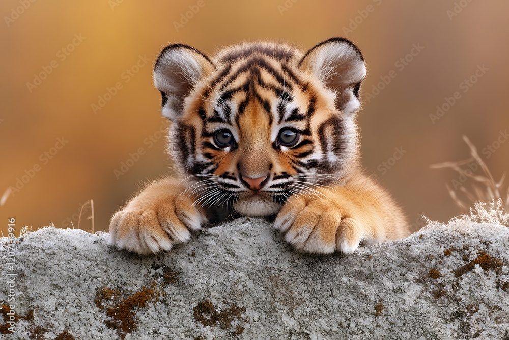 Obraz premium Adorable Tiger Cub Resting on Rock in Natural Habitat with Autumn Background