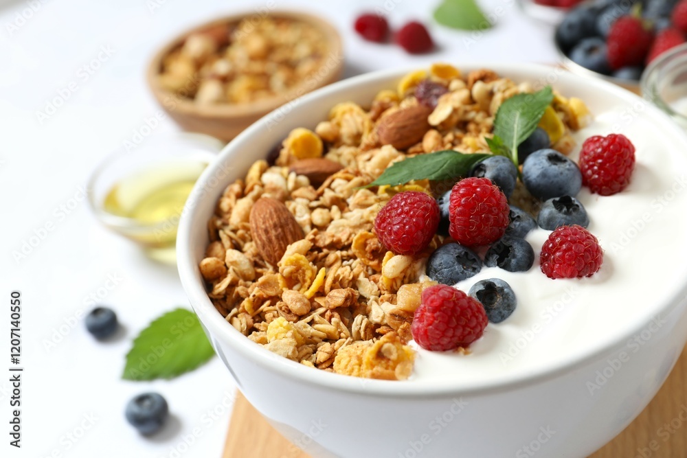 Delicious granola with berries and yogurt on a light background Delicious granola with berries and yogurt on a light background
