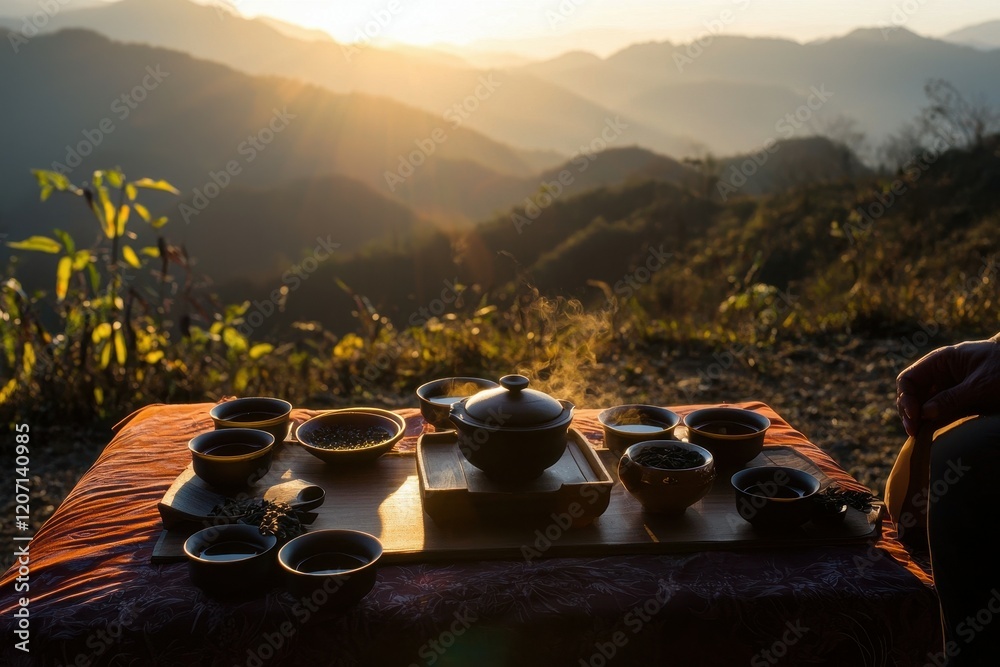 Tea Ceremony at Sunrise: A quiet morning scene with a tea table on a hilltop, the first light of dawn illuminating the tea leaves and cups Tea Ceremony at Sunrise: A quiet morning scene with a tea table on a hilltop, the first light of dawn illuminating the tea leaves and cups