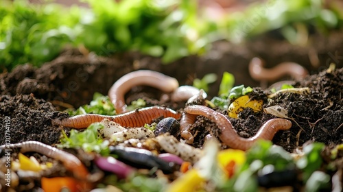 decomposing food in a compost pile, with visible earthworms and other decomposers working to break it down photo