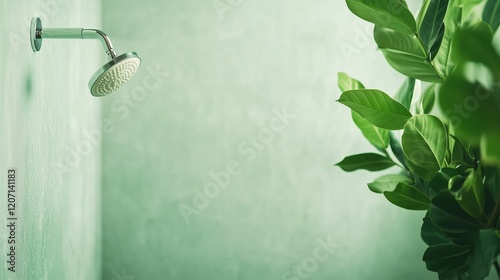 Modern bathroom with low-flow showerhead and lush green foliage on soft green wall. Background for Eco-friendly, sustainable living, tranquil spa-like ambiance, and wellness interior design concepts. photo