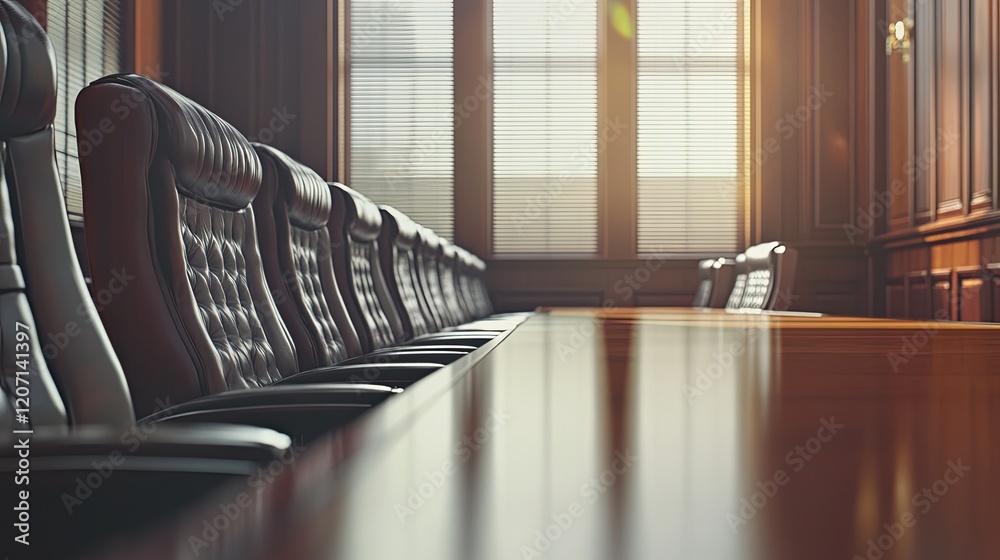 Obraz premium Corporate Bankruptcy Hearing Room with Long Wooden Table and Leather Chairs, Dim Lighting Creates Solemn and Isolated Atmosphere 