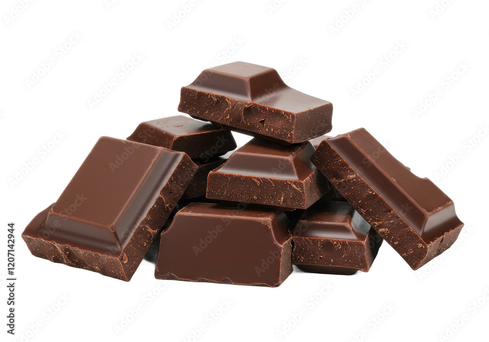 A pile of broken dark chocolate chunks with sharp edges, isolated on a white background A pile of broken dark chocolate chunks with sharp edges, isolated on a white background