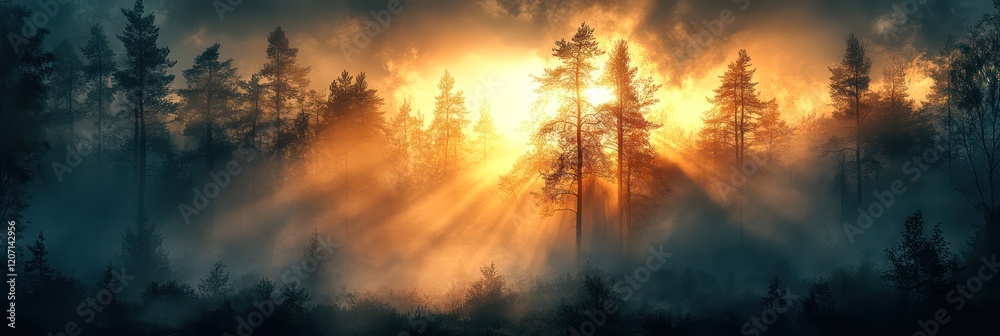 Golden Rays Illuminate Misty Forest at Sunrise Golden Rays Illuminate Misty Forest at Sunrise