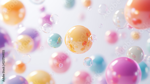 Vibrant Pastel Bubbles Moving in Air, Simple Plastic 3D Art on White, Generative AI photo