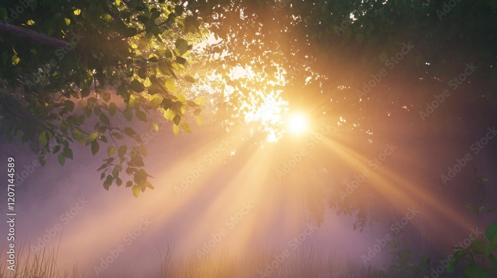A Beautiful Dawn With Sunbeams Through a Misty Forest A Beautiful Dawn With Sunbeams Through a Misty Forest