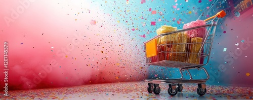 Shopping Spree Celebration: Festive Cart Overflowing with Gifts Amidst Confetti and Colorful Smoke