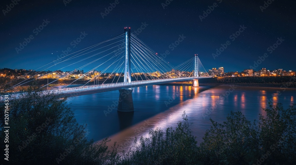 A wide-angle view of a suspension bridge lit up against the night sky, with the river flowing underneath and the cityscape glowing in the background. A wide-angle view of a suspension bridge lit up against the night sky, with the river flowing underneath and the cityscape glowing in the background.