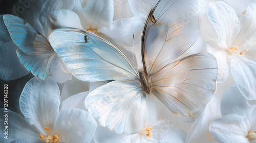 white butterfly resting on cluster of white flowers with peaceful emotion