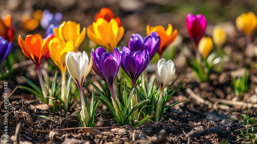 colorful spring crocus flowers in a meadow colorful spring crocus flowers in a meadow