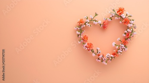 Heart Shaped Floral Arrangement on Peach Background with Delicate Flowers, Generative AI.