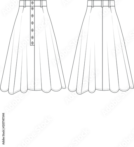 buttoned mid rise mid waist fit and flared short midi a line skirt template technical drawing flat sketch cad mockup fashion woman design style model 
