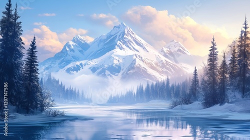 Gorgeous Dawn Against a Background of Icy Lake Reflections and Snow-Capped Mountains