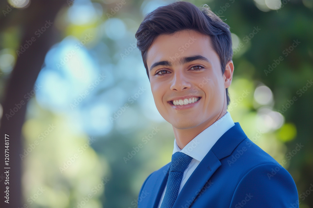 Hyperrealistic photo of a business man in a suit smiling into the camera. Manager working in a finance company as an executive professional. 