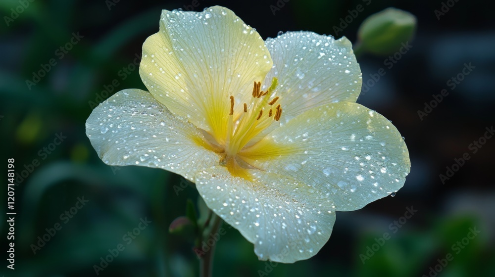 Fototapeta premium A beautiful flower with transparent water droplets on its delicate petals, set against a blurred nature background.