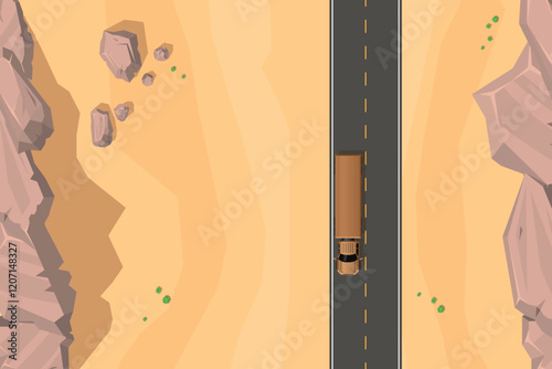 Top view of a desert landscape with a straight paved road, yellow dotted lines and a large truck. Surrounded by sandy terrain and rocks on both sides. Aerial. View from above.