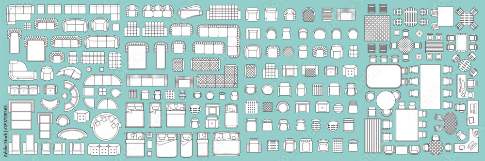 Fototapeta premium A set of isolated vector icons with an overhead view of the house, hotel furniture, beds, tables, desks, chairs, bookcases, sofas, armchairs, plants. Residential design. View from above.