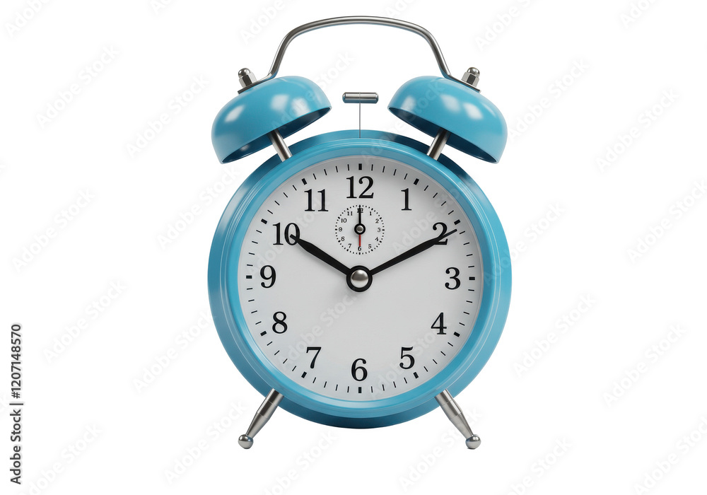 A retro-style blue alarm clock with two bells on top, showing 10:10 on the face, isolated on a white background A retro-style blue alarm clock with two bells on top, showing 10:10 on the face, isolated on a white background