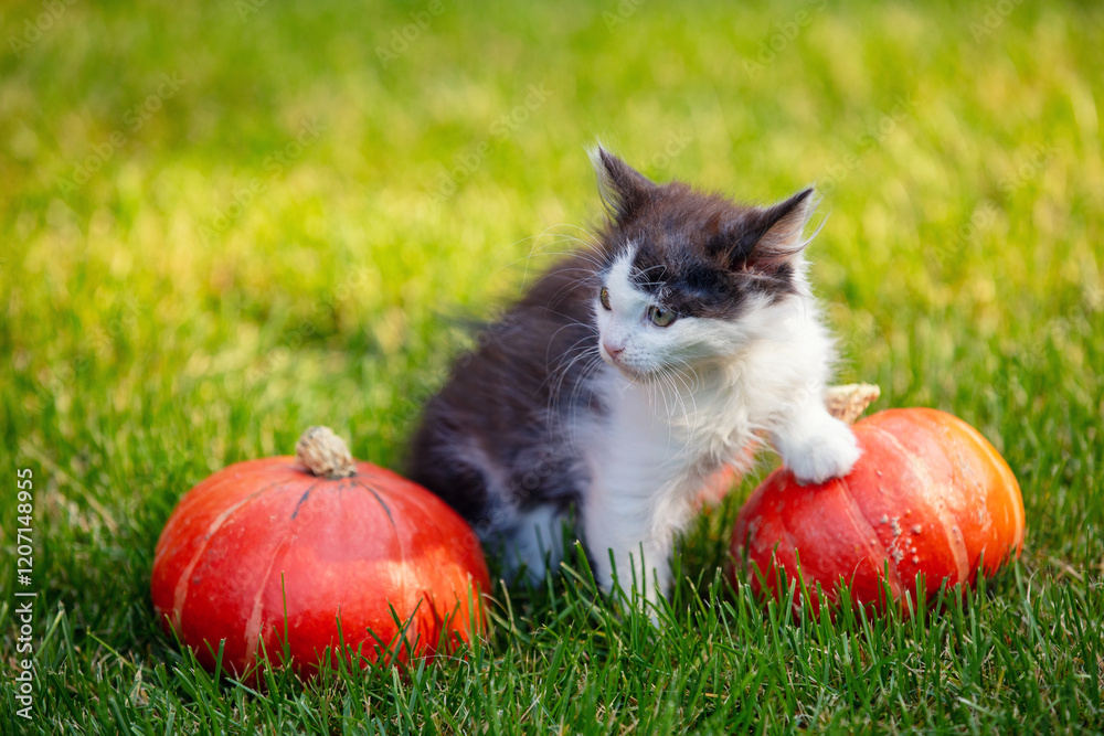 A small kitten sits on the grass near two pumpkins. Thanksgiving concept