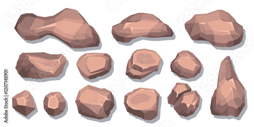 Top view of a set of isolated vector images of brown boulders of various shapes. View from above