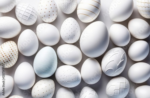 On white background many white Easter eggs with different ornaments. Happy Easter concept