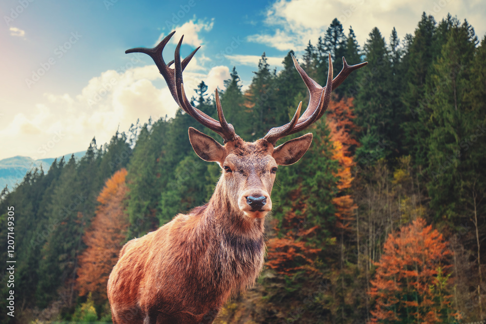 Portrait of a deer in a mountain forest on a sunny day