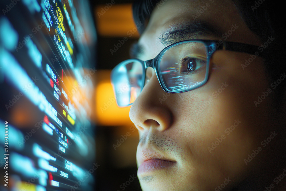 Close up of an Asian business man using a computer to view stock market data on a digital screen Close up of an Asian business man using a computer to view stock market data on a digital screen