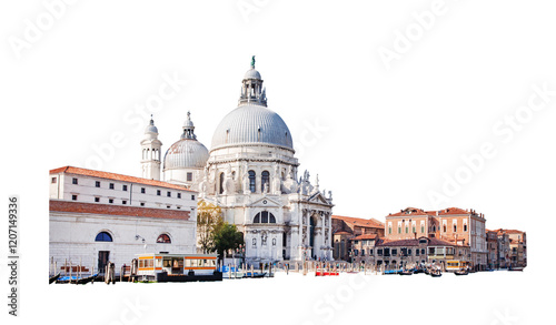 Skyline of Venice, Italy isolated on transparent white png. Church of Basilica Salute