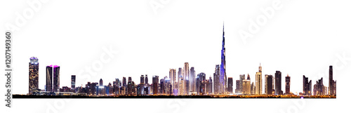 Modern downtown skyline at night with skyscrapers isolated on transparent png photo