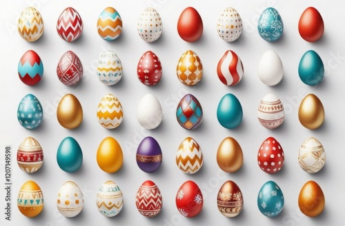 A set of many Easter eggs with different ornaments and designs. Happy Easter concept