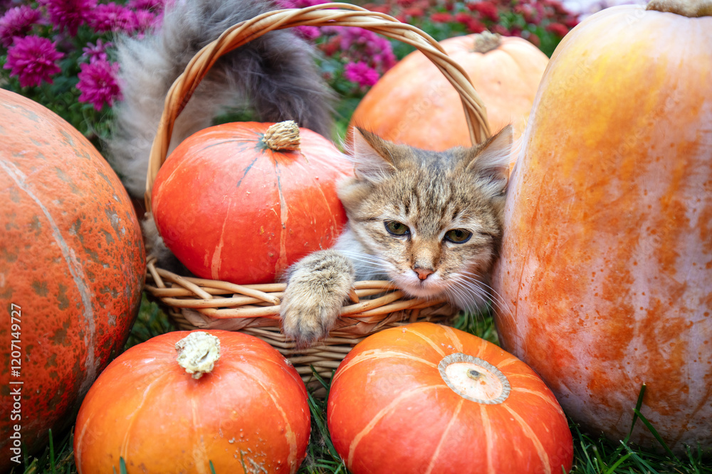 A funny kitten sits in a basket next to many big pumpkins and flowers. Thanksgiving concept