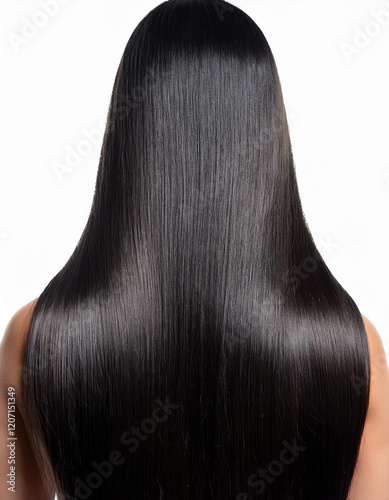 Una melena de pelo negro liso y bien peinado de mujer sobre fondo blanco