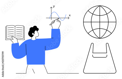 Man with book in left hand drawing graph on whiteboard, adjacent world globe, shopping bag. Ideal for education, global business, environmental awareness, data analysis, online learning, market